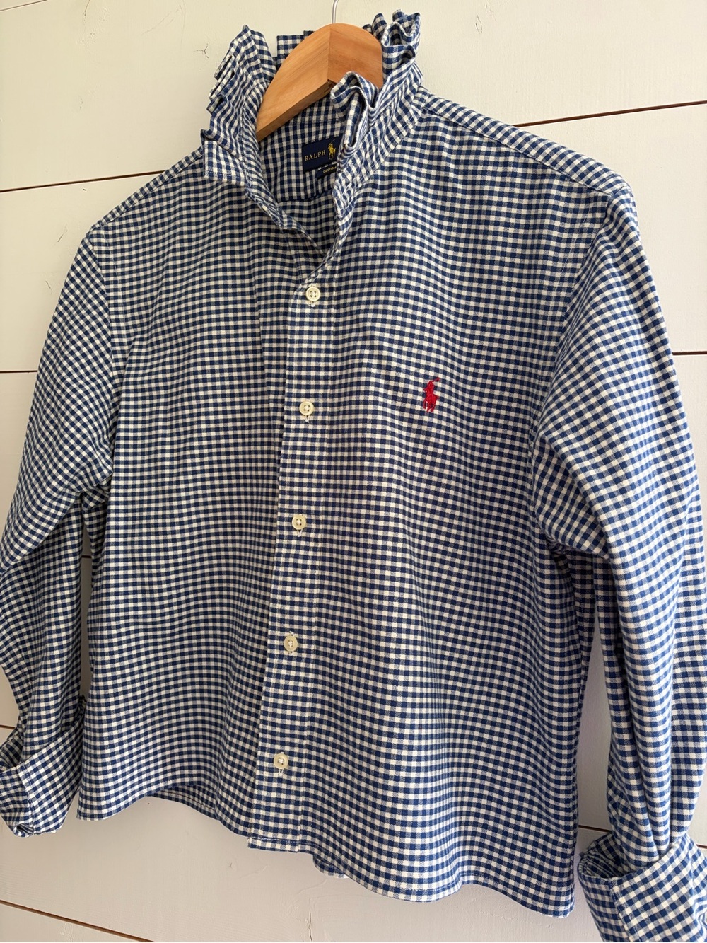 Viral Reworked Upcycled RALPH LAUREN Navy Gingham Ruffle Collar, Medium